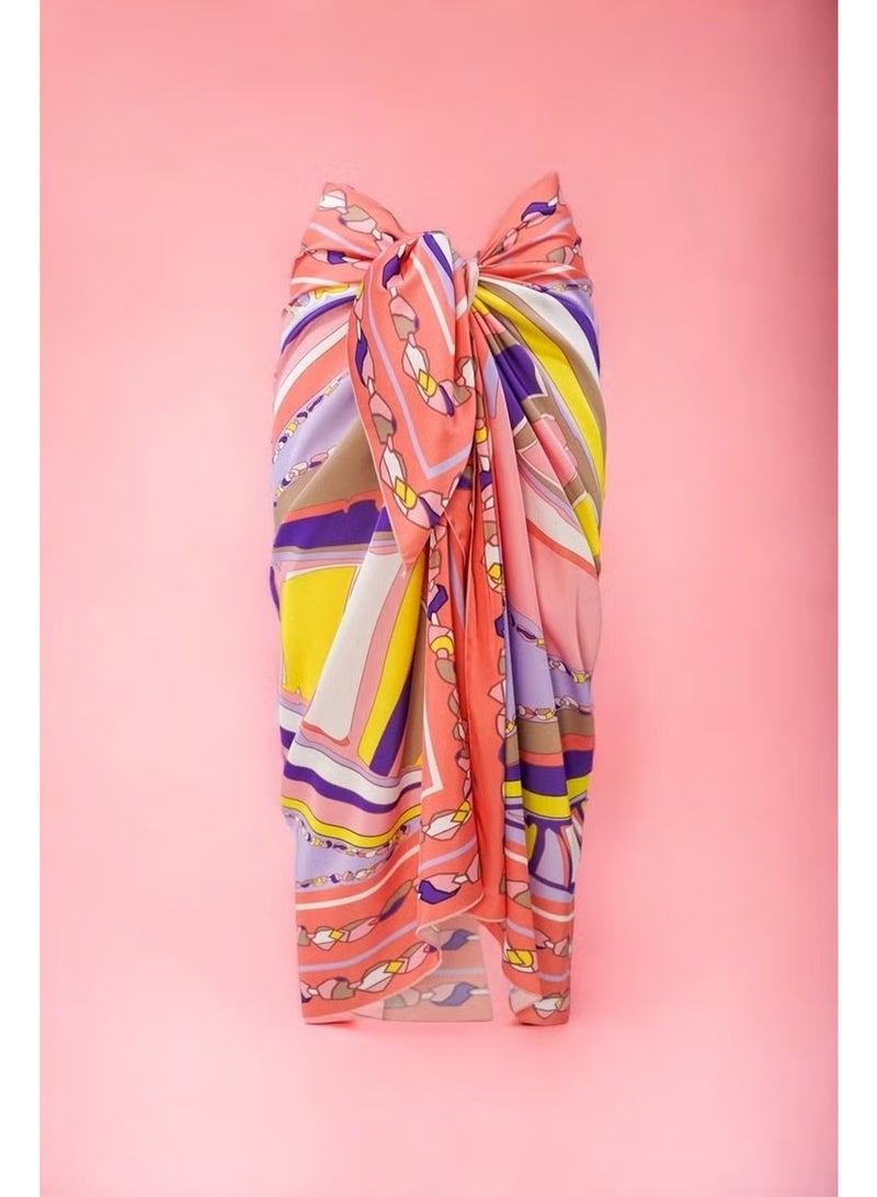 Pistore Special Purple Yellow and Salmon Patterned Short Pareo Satin Women's Beach Dress New Season - Image 1